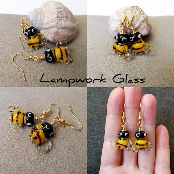 Glass Bee Earrings, Bees Earrings, Lampwork Glass Earrings, Murano Earrings, Glass Bead Earrings, Animal Glass Earrings, Lampwork Jewelry