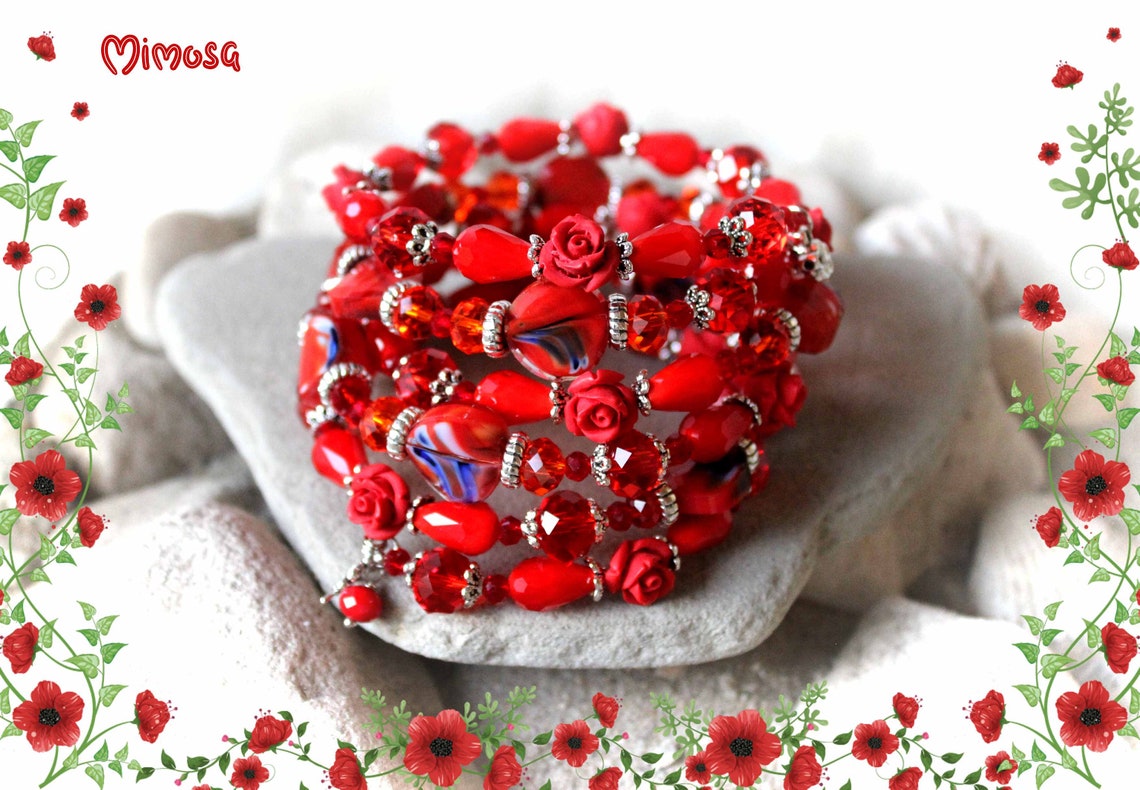 Red Rose Bracelet Red Cuff Bracelet Red Flower Bracelet Red Etsy