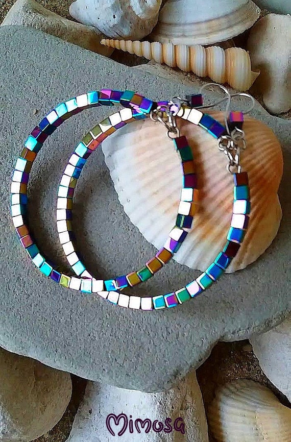 Rainbow Hematite Earrings, Rainbow Colorful Hoops, Multicolor - Main Image