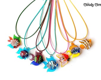 Lampwork Glass Fish Necklace, Murano Glass Bead Choker, Woman Murano Pendant Jewelry, Sea Ocean Marine Jewelry, Cute Colorful Fish Jewelry