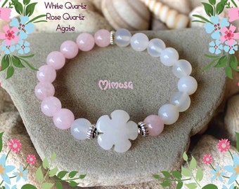 Pulsera de ágata blanca y cuarzo rosa, pulsera de chakra del corazón de mujer, pulsera de flor de cuarzo blanco, pulsera blanca rosa, joyería de piedras preciosas florales