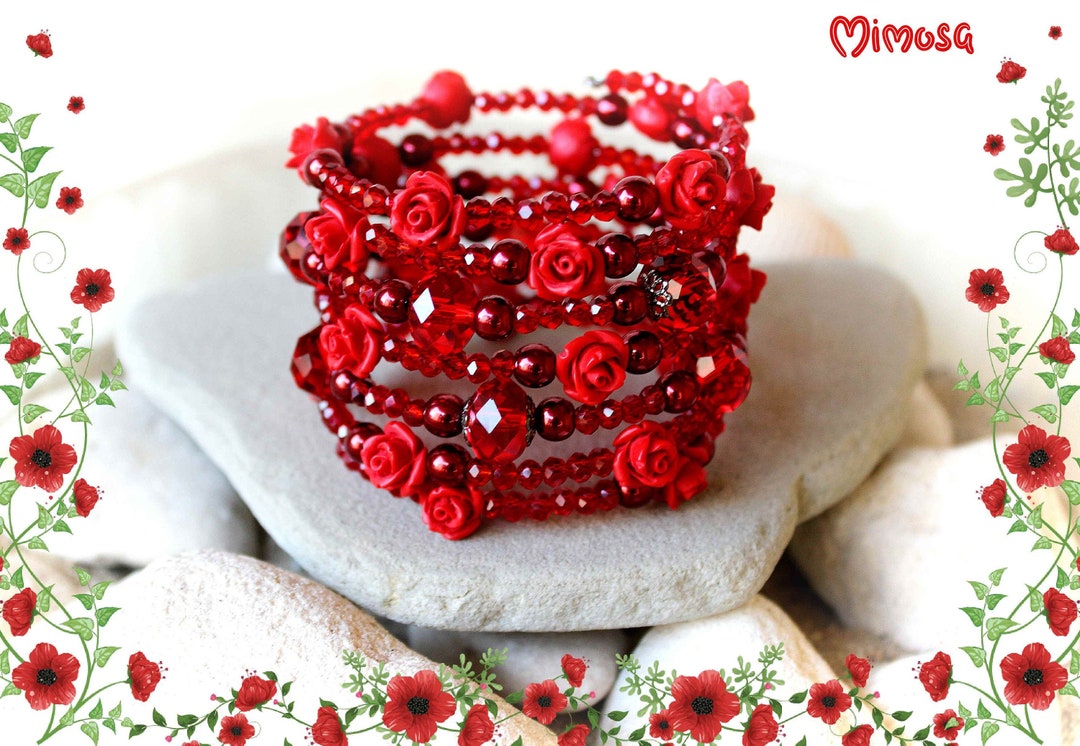 Red Rose Bracelet Ruby Red Cuff Bracelet Red Flower Etsy
