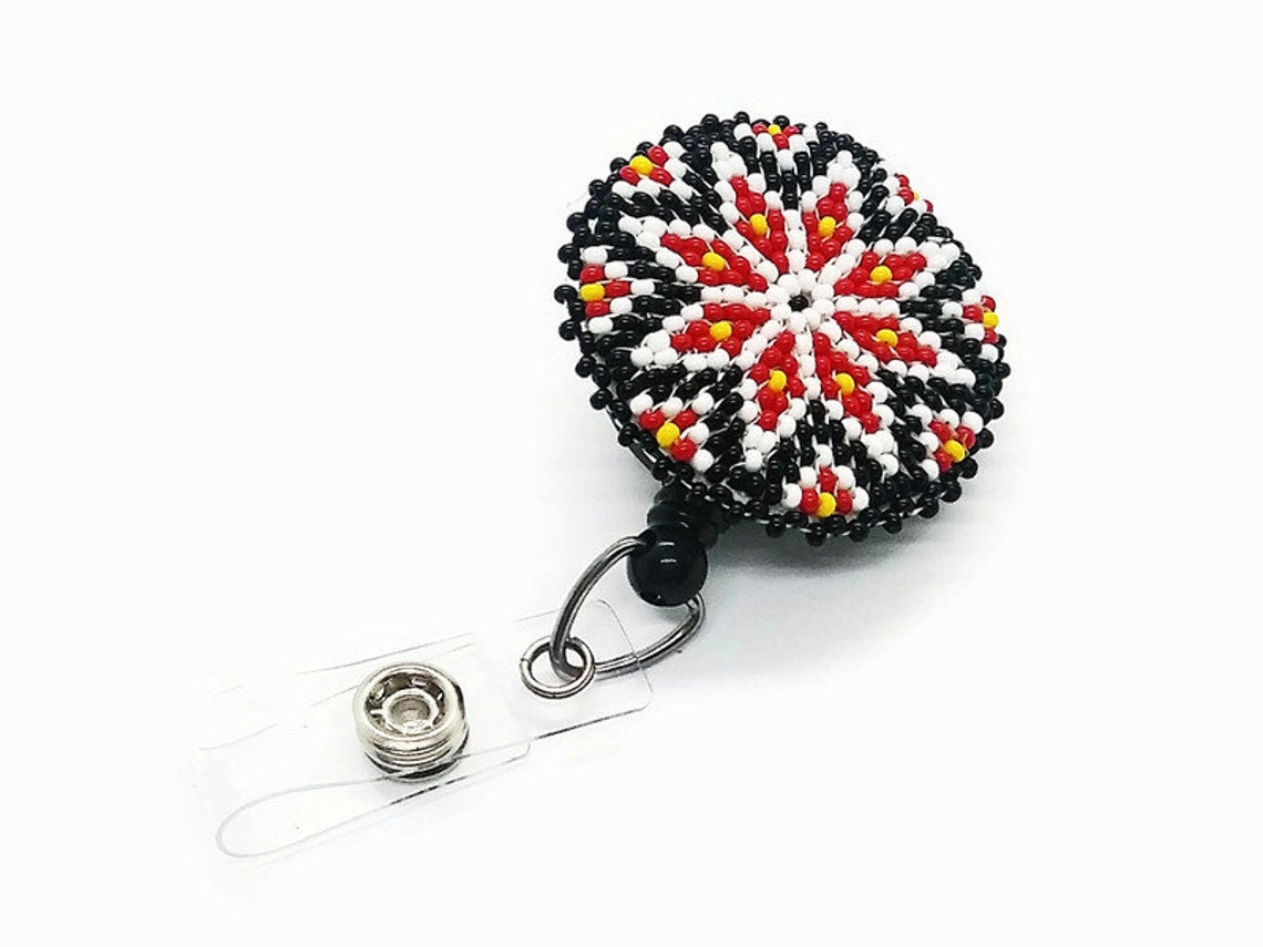 Beaded Badge Reel No.4 Black Native Style Beaded Flower Etsy