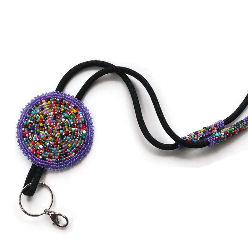 Bead Soup Beaded Medallion ID Lanyard With Purple Edging Etsy