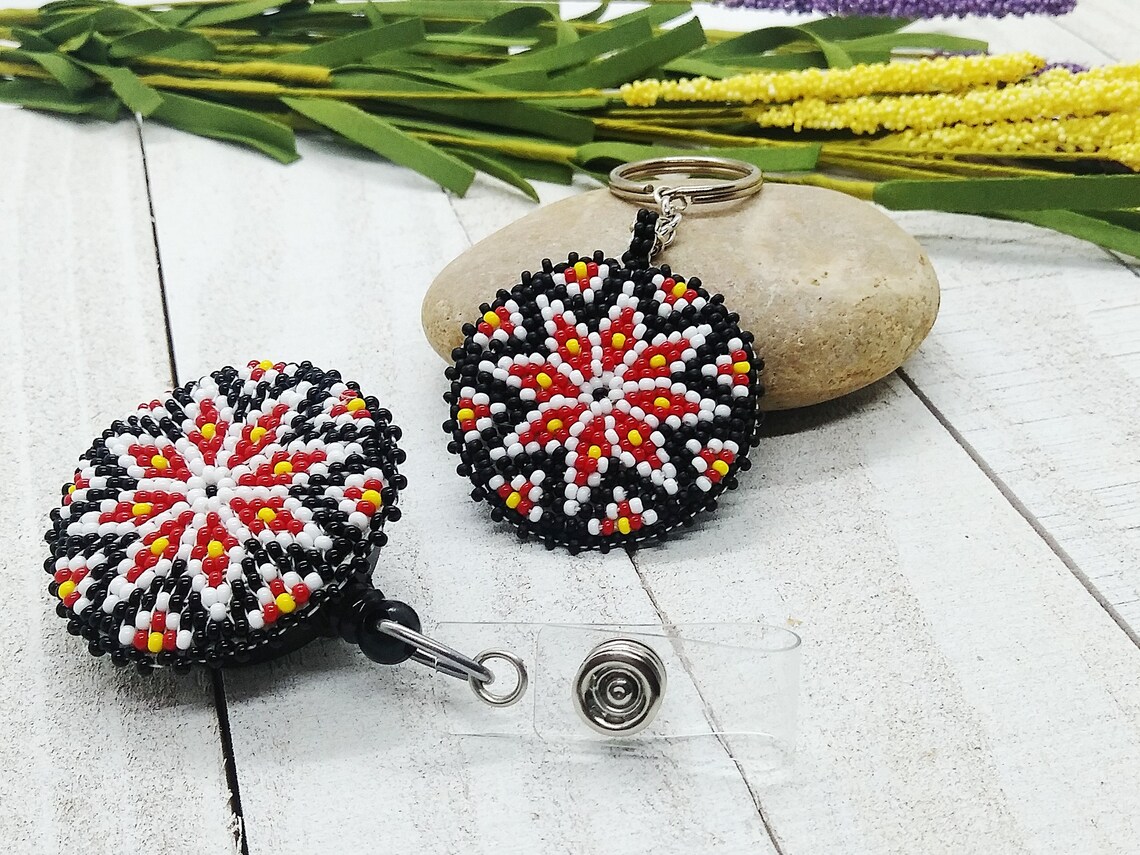 Beaded Badge Reel No.4 Black Native Style Beaded Flower Etsy