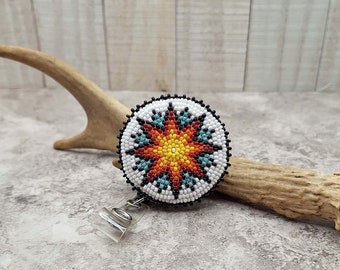Beaded Badge Reel Topper, Native Style Beadwork Medallion,  Add A Retractable ID Badge Holder with Clip Choice, BR.11032023.WHT