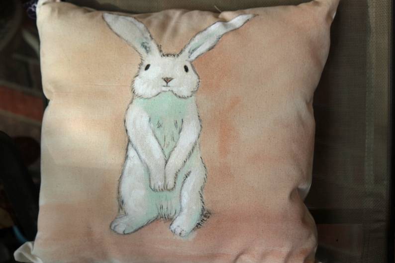 Hand Painted White Bunny Pillow or Pillow Cover Easter Decor Etsy