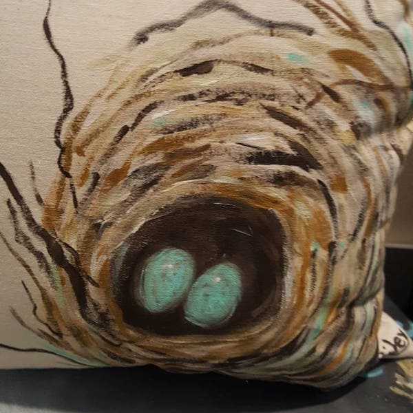 Hand painted Bird nest with blue eggs on zippered Pillow Cover, spring, Easter, Country Cottage, Rustic Farmhouse, French Country. no insert