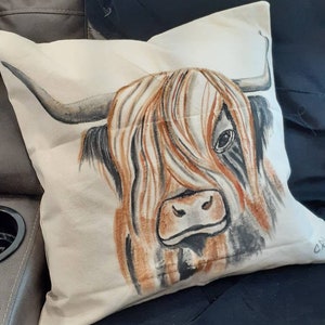 Hand Painted Highland Coo Pillow Cover with zipper for neutral Outlander Scottish Celtic decor.