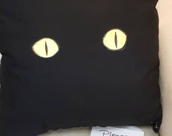 Hand Painted cat eyes black zippered pillow cover for your fall or Halloween decorating