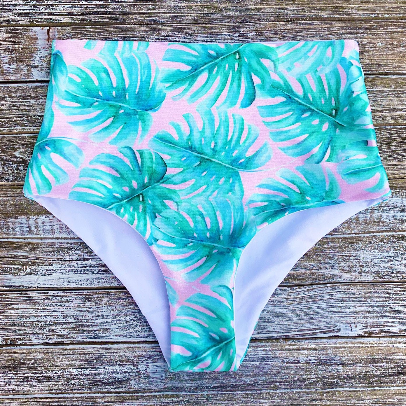 High Waisted Bikini Bottoms Pink Palm