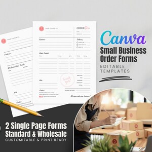 May include: Two printable order forms for small businesses. The forms are designed for standard and wholesale orders. The forms are customizable and print-ready. The text on the forms reads "Order Form" and "We care for you".