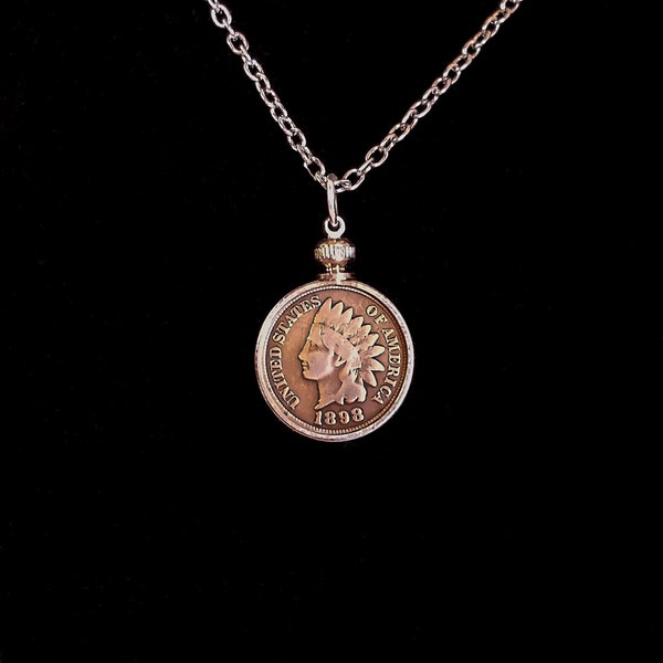 Indian head pennies late 1859 to 1909 coins are over 100 years old with coin, necklace. bezel and chain