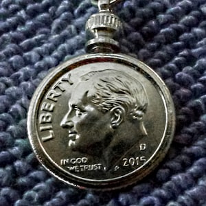 Dime coin jewelry necklace  bezeled, silver plated jump rings  necklace