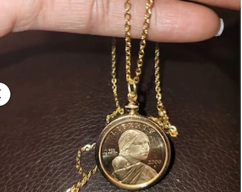 Proof Sacagawea coin  necklace Gold plated chain 14 to 24 in long with lobster clasp jump rings