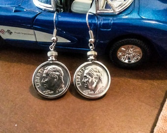 Roosevelt dime earrings with bezel Handmade unique gift.