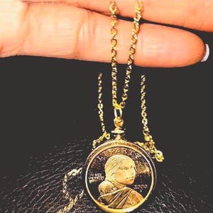 Proof Sacagawea coin  necklace Gold plated chain 14 to 24 in long with lobster clasp jump rings
