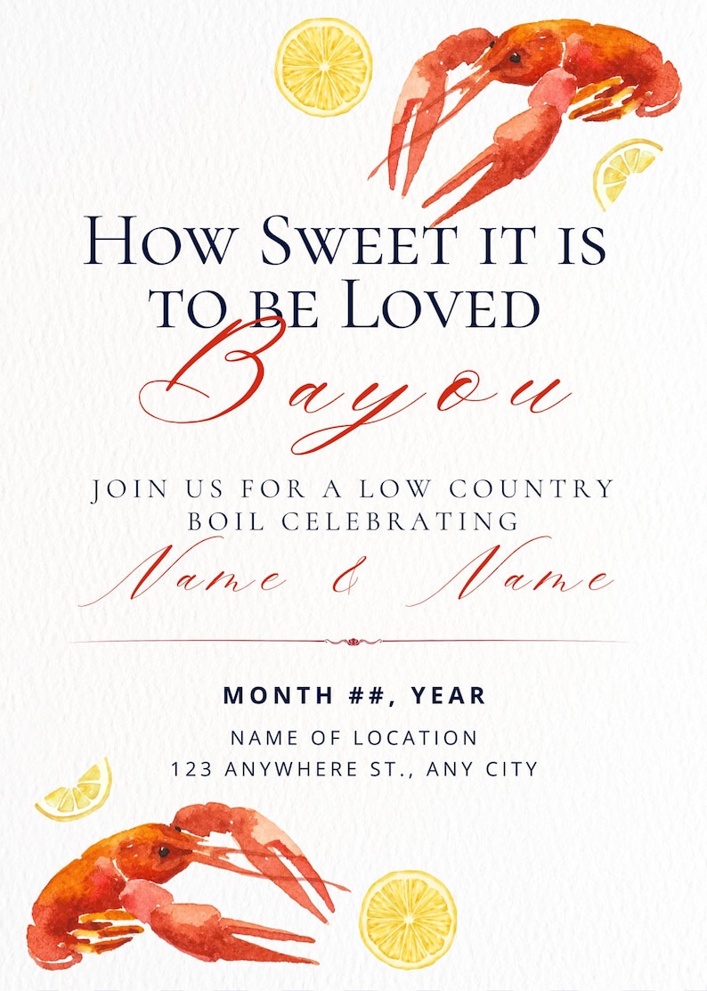 Puede incluir: Invitaci&oacute;n con ilustraciones de acuarela de cangrejos de r&iacute;o y rodajas de lim&oacute;n. El texto dice "How Sweet It Is To Be Loved Bayou" y detalles para una celebraci&oacute;n de Low Country Boil. Incluye espacio para nombres, fecha y lugar.
