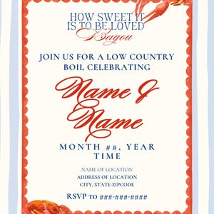 Puede incluir: Invitaci&oacute;n con borde festoneado rojo e ilustraciones de cangrejos de r&iacute;o en acuarela. El texto dice "How Sweet It Is To Be Loved Bayou" e invita a los invitados a un hervido de campo. Incluye espacio para los detalles del evento.
