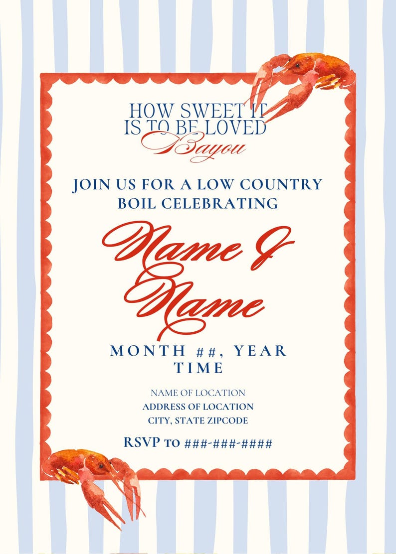 Puede incluir: Invitaci&oacute;n con borde festoneado rojo e ilustraciones de cangrejos de r&iacute;o en acuarela. El texto dice "How Sweet It Is To Be Loved Bayou" e invita a los invitados a un hervido de campo. Incluye espacio para los detalles del evento.