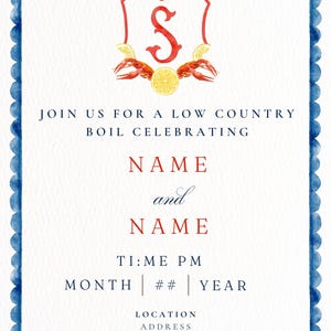 Puede incluir: Tarjeta de invitaci&oacute;n de acuarela con borde festoneado azul. El dise&ntilde;o incluye un escudo con una "S" roja, cangrejos de r&iacute;o y rodajas de lim&oacute;n. El texto dice "Join us for a Low Country Boil Celebrating".
