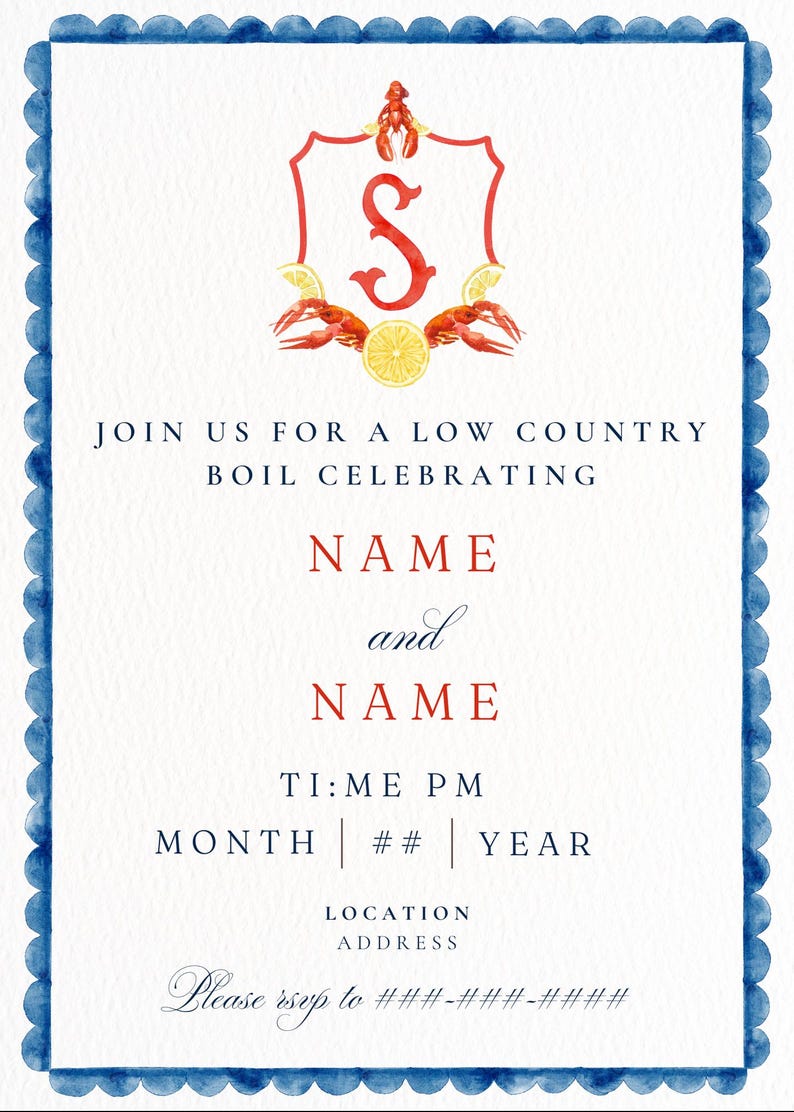 Puede incluir: Tarjeta de invitaci&oacute;n de acuarela con borde festoneado azul. El dise&ntilde;o incluye un escudo con una "S" roja, cangrejos de r&iacute;o y rodajas de lim&oacute;n. El texto dice "Join us for a Low Country Boil Celebrating".