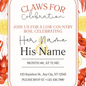 Puede incluir: Invitaci&oacute;n con un dise&ntilde;o de acuarela con cangrejos rojos y rodajas de lim&oacute;n. El texto dice "Claws for Celebration" e invita a los invitados a un "low country boil", con espacio para nombres, fecha y hora.