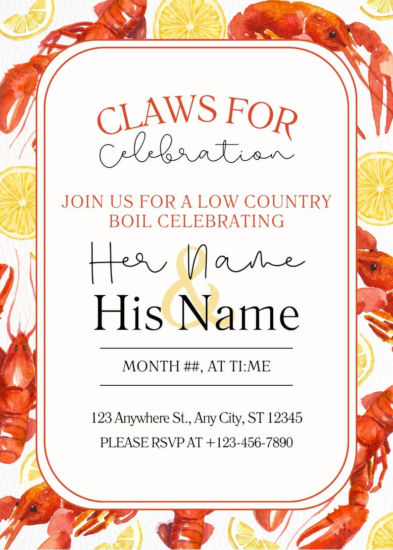 Puede incluir: Invitaci&oacute;n con un dise&ntilde;o de acuarela con cangrejos rojos y rodajas de lim&oacute;n. El texto dice "Claws for Celebration" e invita a los invitados a un "low country boil", con espacio para nombres, fecha y hora.
