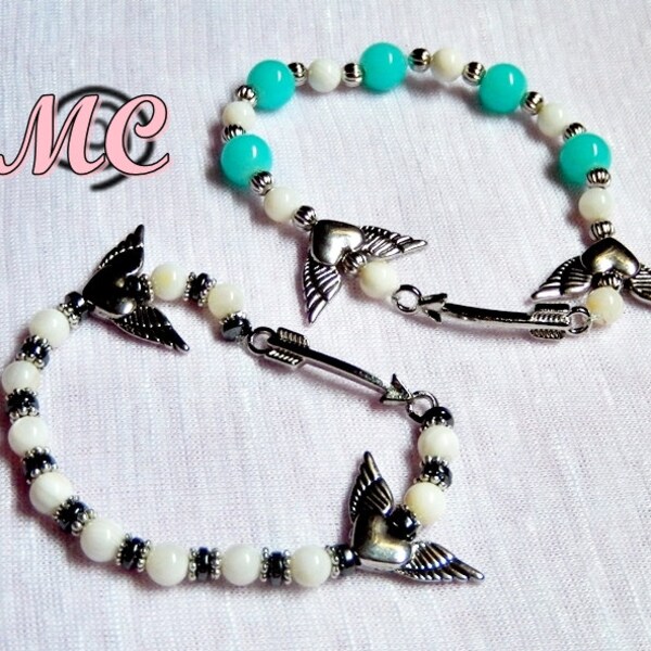 Silver Arrow Charm Bead Bracelet Women / December Bracelet / Glass Beads / Hematite Stone Beads / Winged Heart Charms / Gift for Her