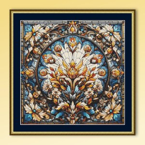 LAATSTE! - Gouden botanisch glas-in-lood kruissteekpatroon, instant digitale download, afdrukbare bloemenkaart (138)