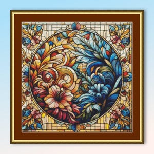 Bloemen glas-in-lood kruissteekpatroon, directe digitale download, afdrukbare pdf-bloemenkaart (140)