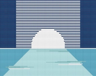 Blue Lagoon Seascape Cross Stitch Pattern, Instant Digital Download, Printable PDF Abstract Minimalist Boho Monochrome Chart  (081)