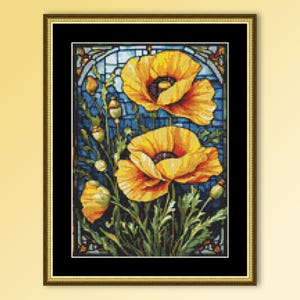 LAATSTE! - Gebrandschilderd glas gele klaprozen kruissteekpatroon, bloemenkaart instant digitale download (245)