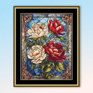 LAATSTE! - Gebrandschilderd glas vier pioenrozen kruissteekpatroon, bloemenkaart instant digitale download (123)
