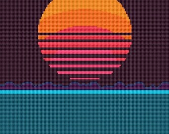 Abstract Full Moon Cross Stitch Pattern, Instant Digital Download Minimalist Boho Landscape Chart  (050)