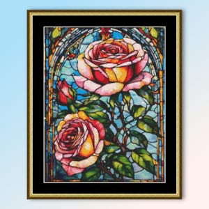 LAATSTE! - Gebrandschilderd glas rozen kruissteekpatroon, bloemenkaart instant digitale download (199)