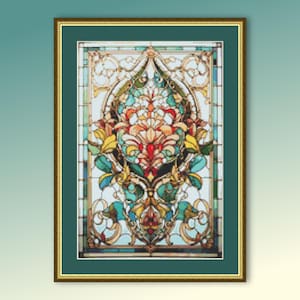 Bloemen gebrandschilderd glas kruissteekpatroon, instant digitale download bloemenkaart (130)
