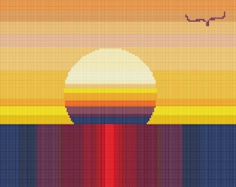 Abstract Boho Setting Sun Cross Stitch Pattern, Instant Download Minimalist Seascape, Hard-Edge Landscape Chart  (103)
