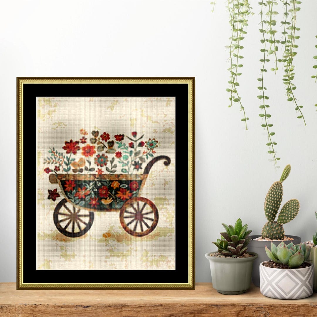 Folk Art Garden Wheelbarrow Cross Stitch Pattern, Instant Digital ...