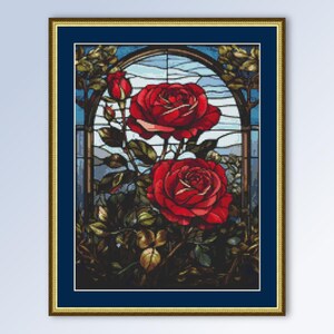 LAATSTE! - Twee rode rozen glas-in-lood kruissteekpatroon, bloemenkaart instant digitale download (218)