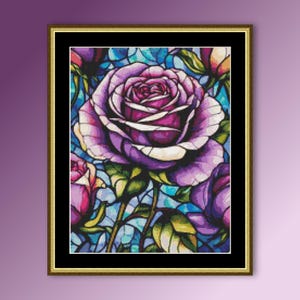 Paarse roos glas-in-lood kruissteekpatroon, instant digitale download bloemenkaart (250)
