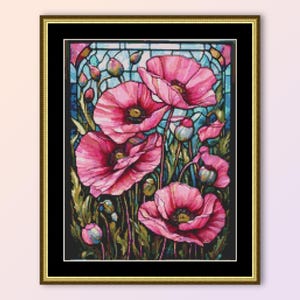 Gebrandschilderd glas roze klaprozen kruissteekpatroon, bloemenkaart instant digitale download (205)