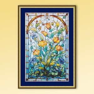 Gele bloem gebrandschilderd glas kruissteekpatroon, instant digitale download bloemenkaart (131)