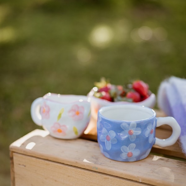 Daisy Blue hand painted ceramic cup