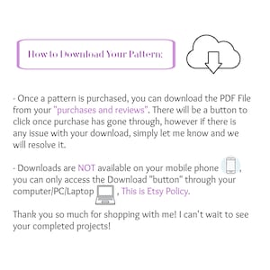 Puede incluir: Gr&aacute;fico blanco con texto que explica c&oacute;mo descargar un patr&oacute;n despu&eacute;s de la compra. El texto incluye un icono de nube con una flecha hacia abajo y un icono de port&aacute;til. El texto dice "How to Download Your Pattern:"