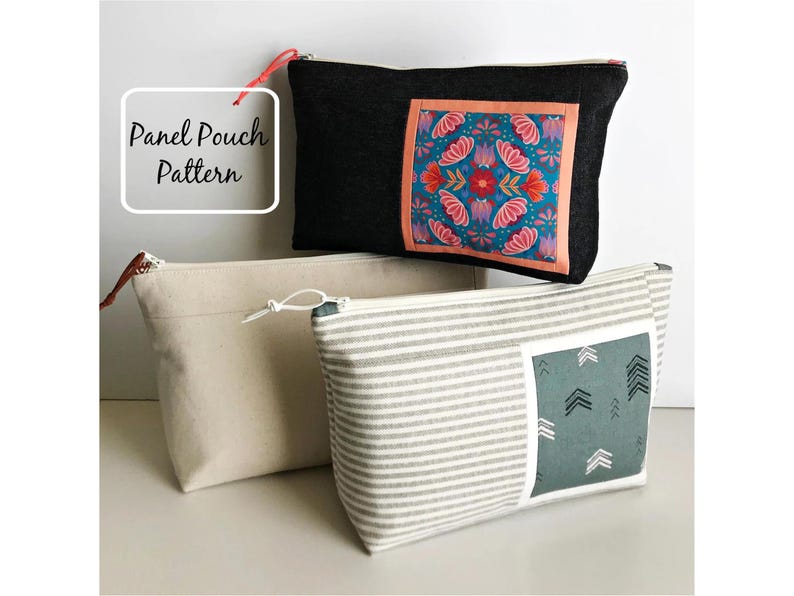 May include: Three fabric pouches with zippers. The top pouch is black with a floral design. The middle pouch is beige. The bottom pouch is striped with a geometric design. The text "Panel Pouch Pattern" is in a white box.