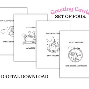Druckbare Grußkarten Satz von 4, Freundschaftskarten, Nähen Karten, digitaler Download, 5x7 Karten