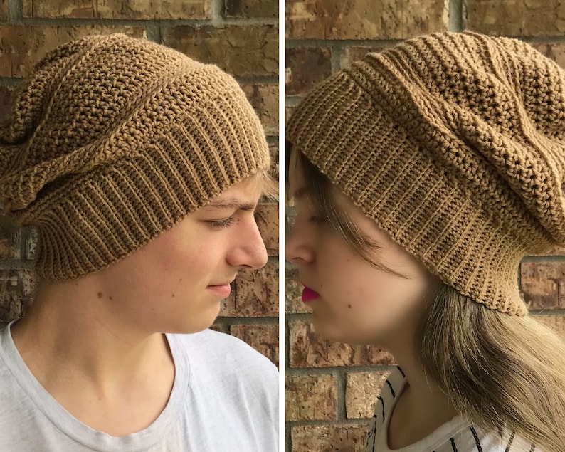May include: Two people wearing brown crocheted beanies. The beanies have a textured stitch pattern and a slouchy fit.