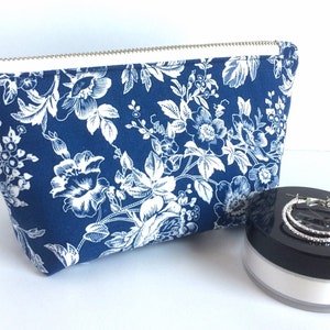 Something Blue Makeup Bag, Small Floral Cosmetic Bag, Small Zipper Pouch, Blue and White pouch