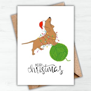 Teckel kerstkaart schattig garen bal afdrukbare 5 x 7 digitale download, thuis afdrukken kaart